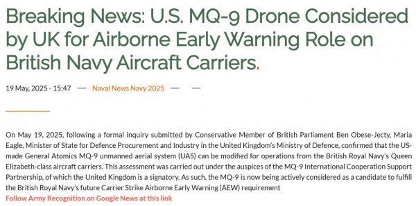 鼎茂策略 美媒：女王级计划搭载MQ-9无人机预警型；实属令人“智熄”的操作