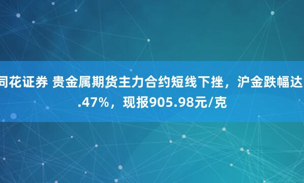 同花证券 贵金属期货主力合约短线下挫，沪金跌幅达1.47%，现报905.98元/克